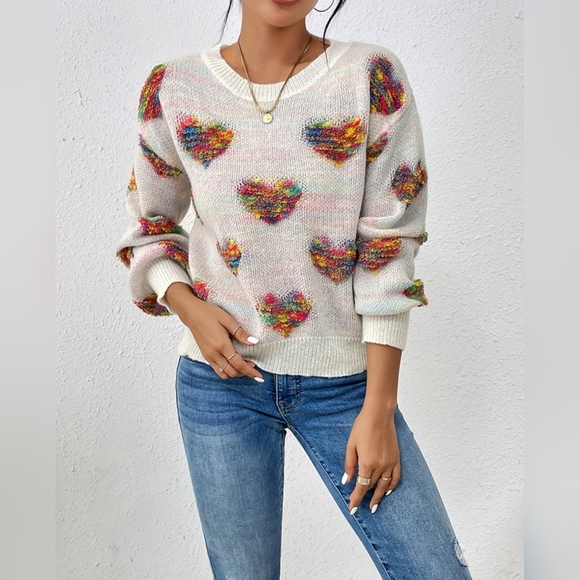 Colorful Love Heart Pattern Crew Neck Warm Cozy Spring Sweater - Picture 1 of 6